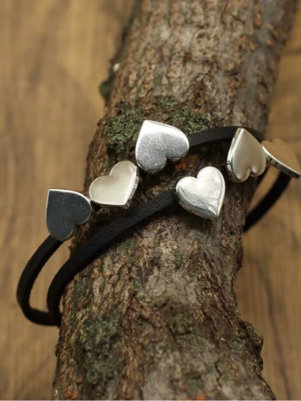 Silver Heart Leather Wrap Bracelet - Black